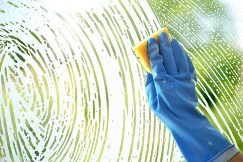 Trained cleaner using protective equipment during carpet cleaning